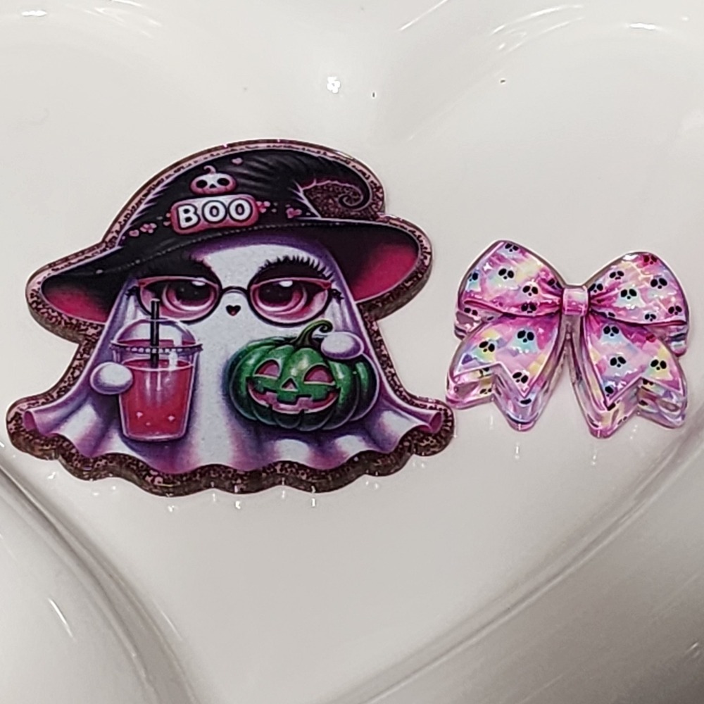 Ghost Bow Flatback Focal Bead Beaded Pen Badge Acrylic Halloween Boujee